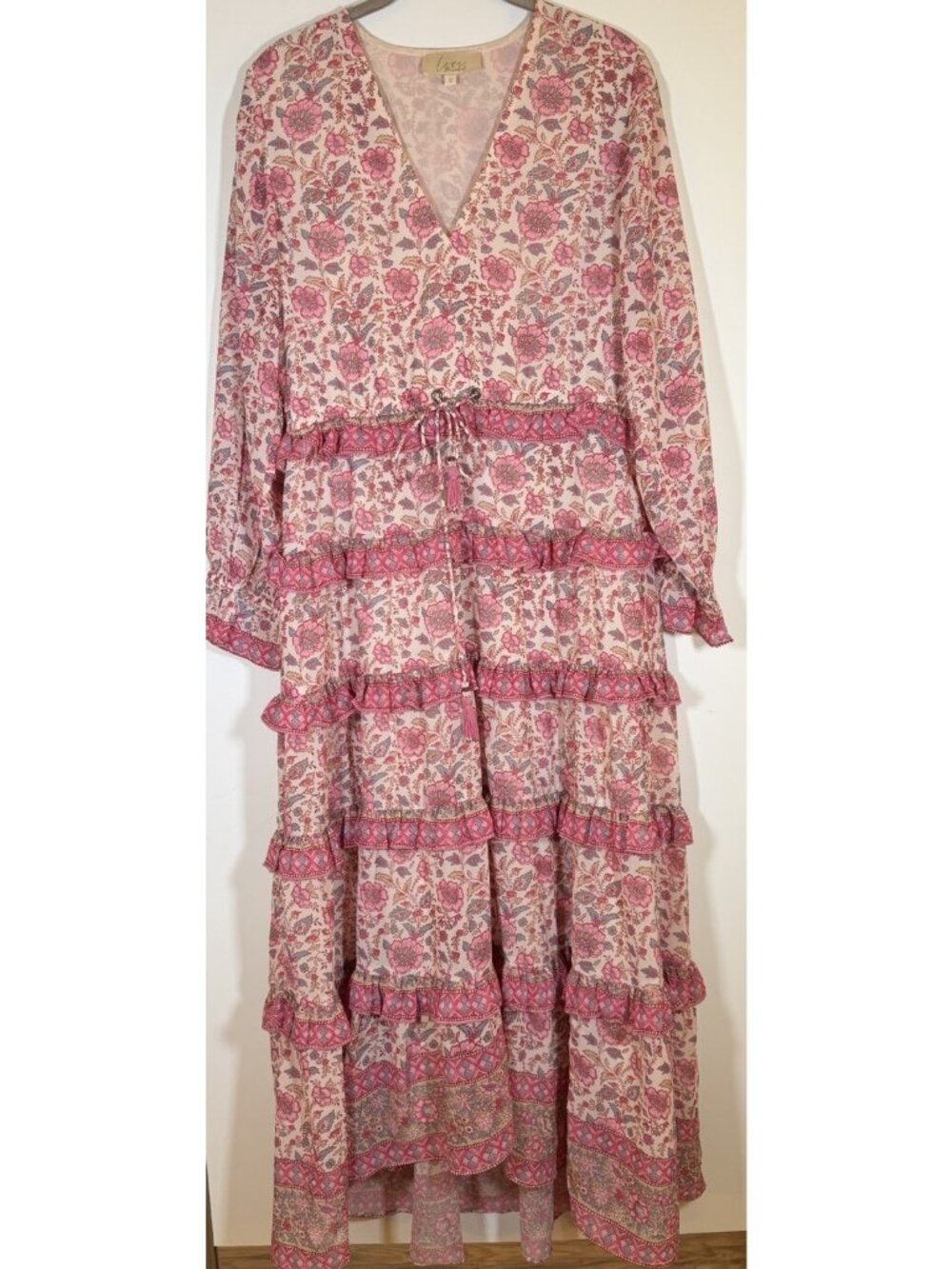 Love the Label pink floral ruffle maxi v-neck flowy dress bohemian paisley S - Picture 1 of 10